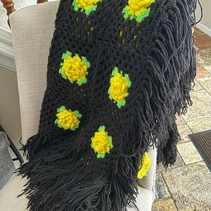 Handcrafted Black Throw Blanket with Yellow Floral Accents